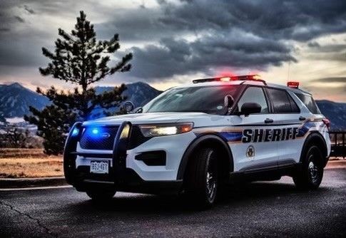 Police vehicle with a tree and the sun setting over the moutains in the background.