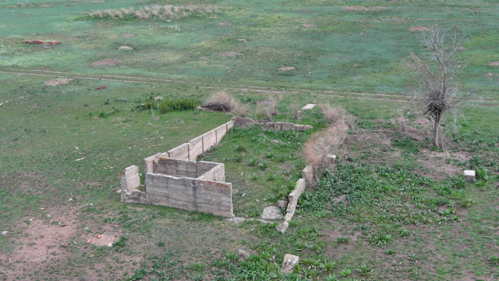 Ariel drone view of Boulder County Open Space, visible concrete building foundation remnants, rectangular in shape