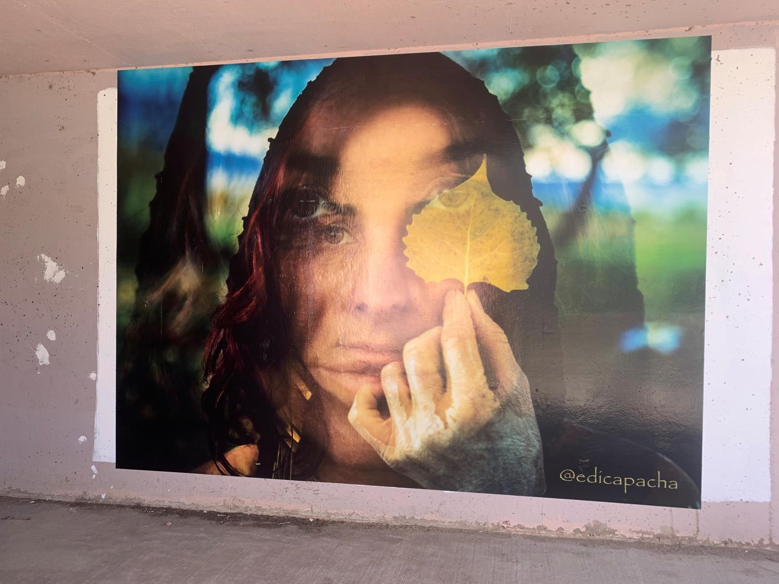 Blurred double exposure photo of a brunette woman, from the shoulders up, holding a yellow aspen tree leaf by the stem.