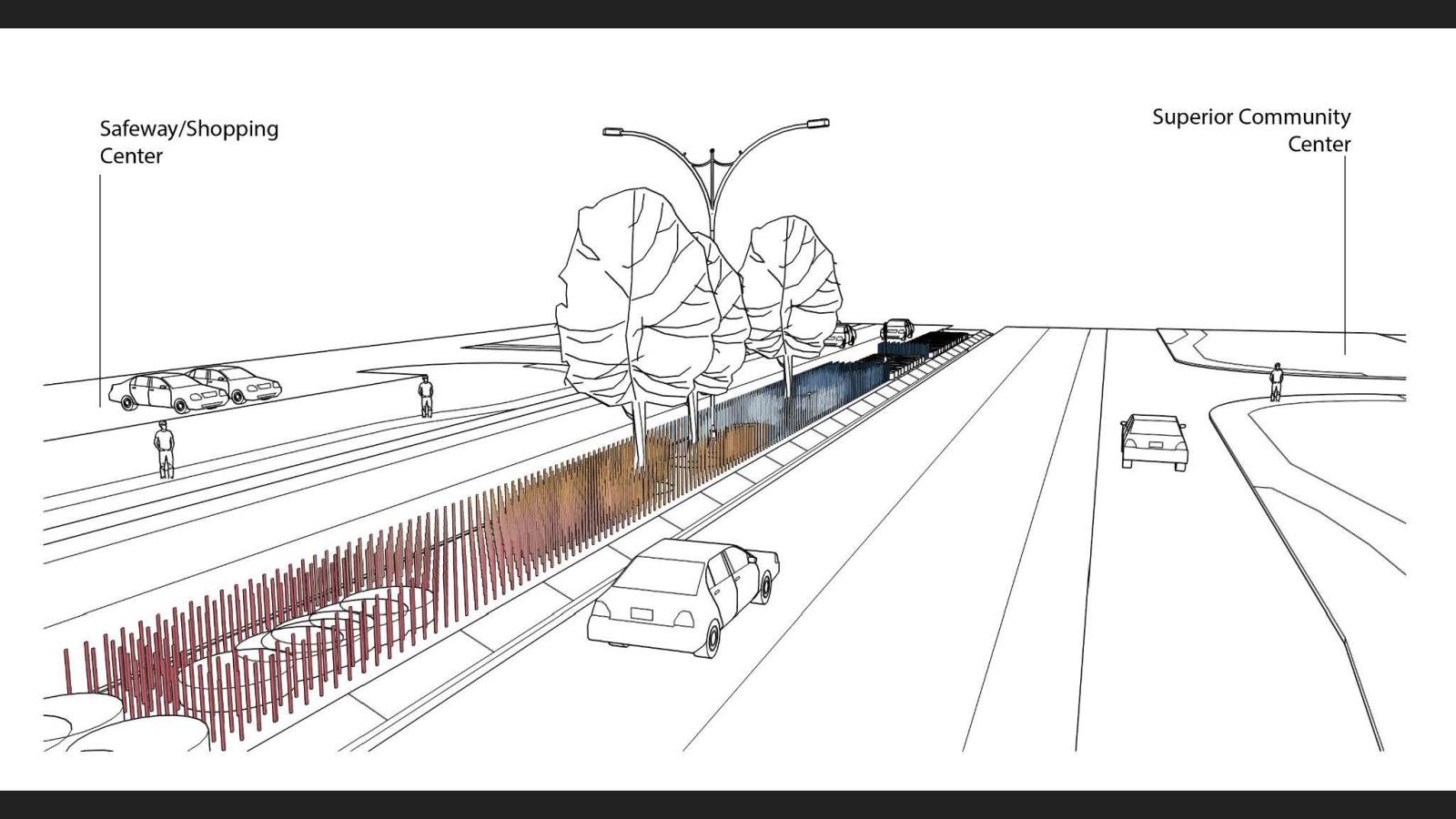 Black and white graphic drawing of Coalton Rd with colorful sticks placed in the median