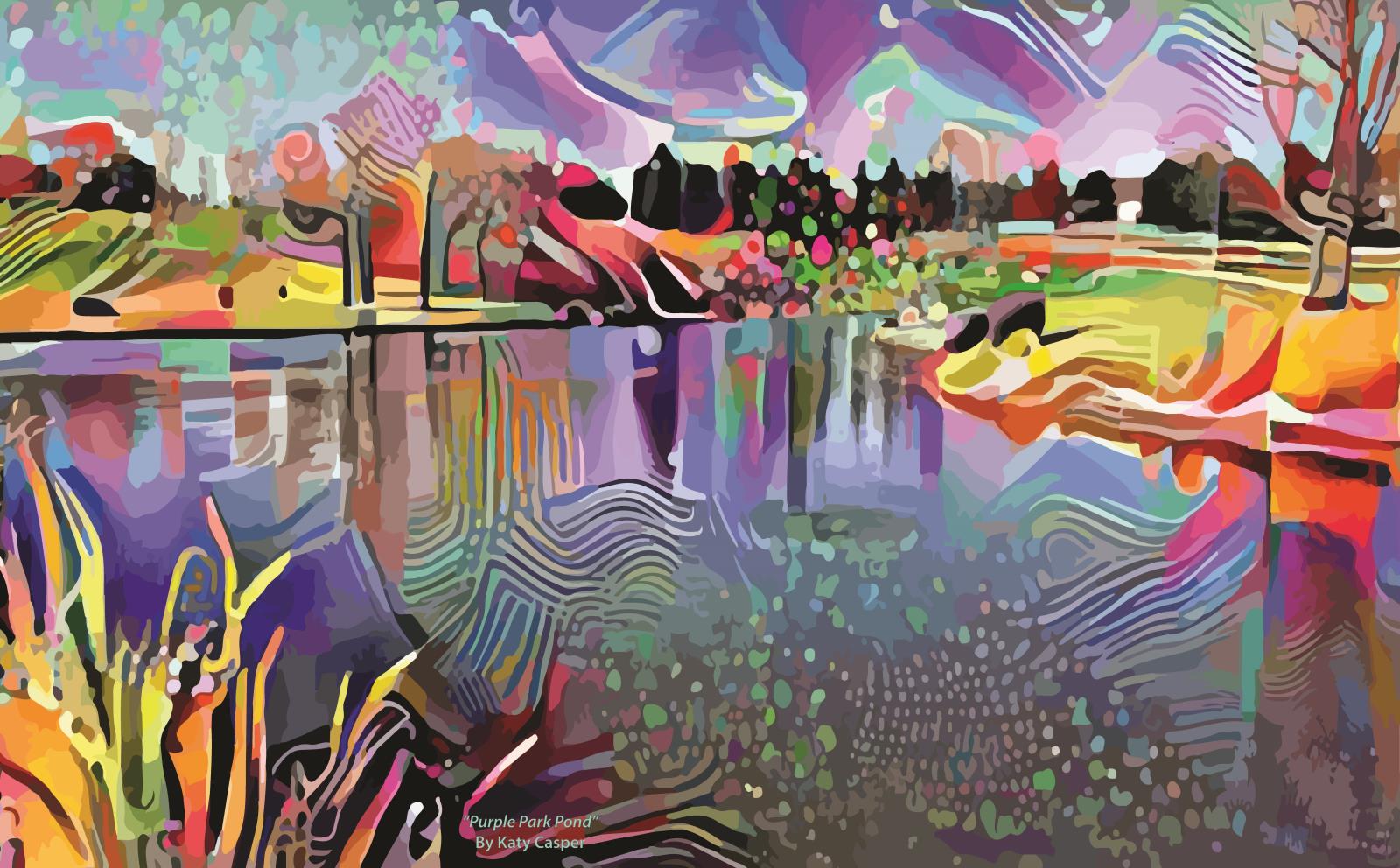 Preparatory artwork for a bus shelter. The painting depicts a very colorful abstract landscape with lines and an abundancy of organic shapes. Together they create the illusion of a pond with surrounding cattails, grasses and trees.